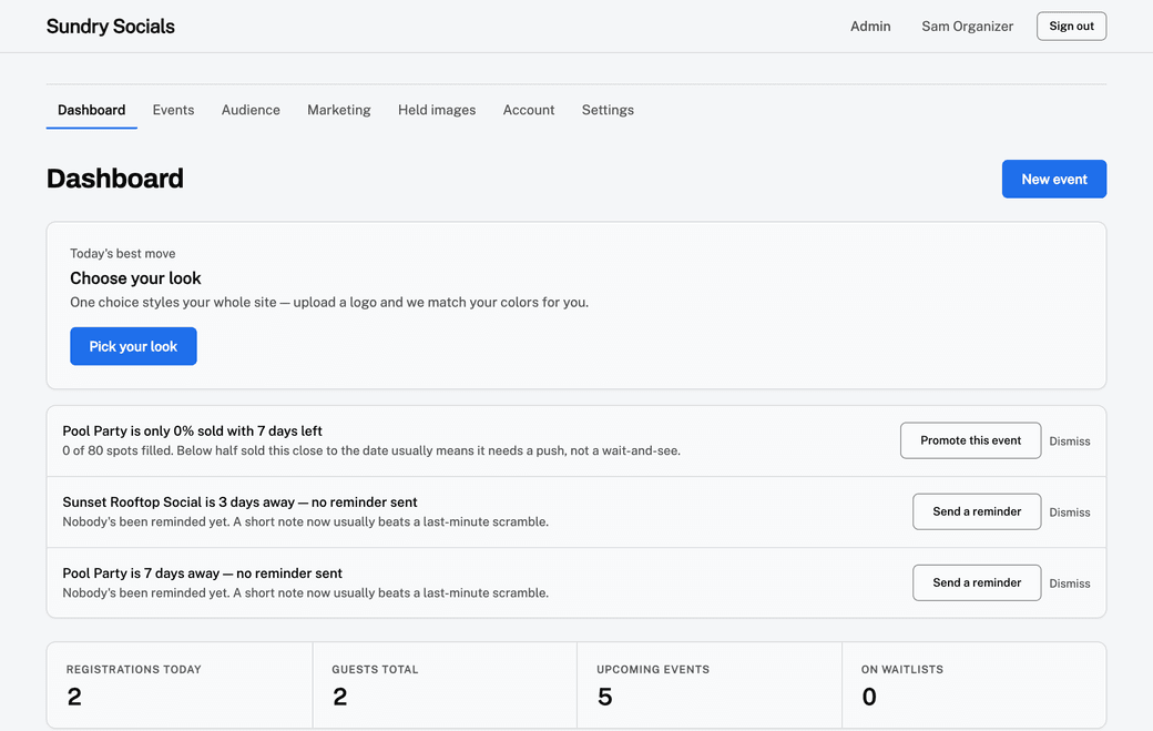 Synthetic demo owner dashboard for Sundry Socials, showing a next-best-action panel, event nudges with promote and reminder buttons, and registration stats.