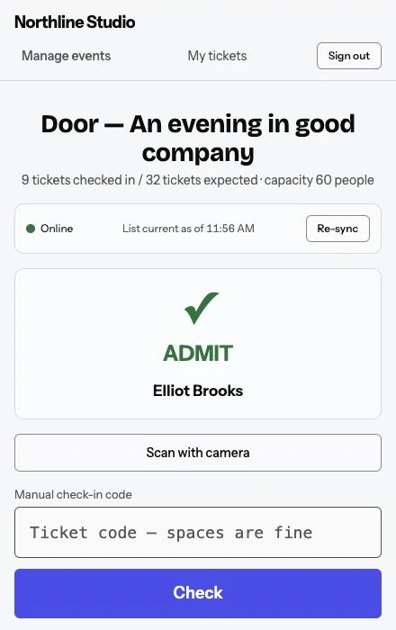 Northline Studio phone check-in showing an admission result for a synthetic guest.
